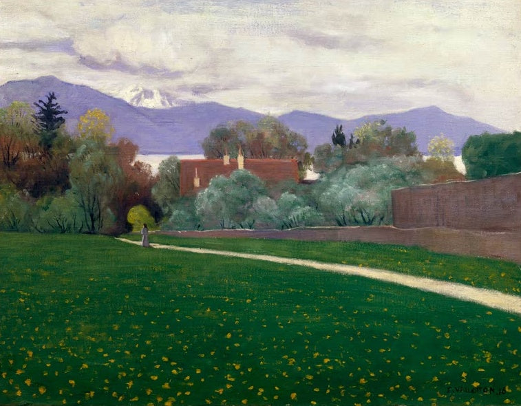 Félix Vallotton Ufer des Genfersees Kunstkopie, grüne Wiese mit Weg, rotem Dach und violetten Bergen unter Wolkenhimmel