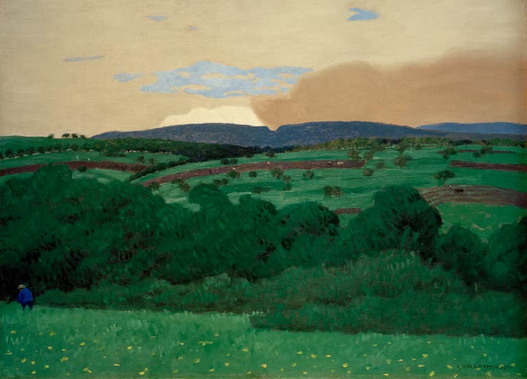 Félix Vallotton Umgebung von Lausanne Kunstkopie, grünes Hügelland mit Feldern und Bergkette unter ockerfarbenem Himmel