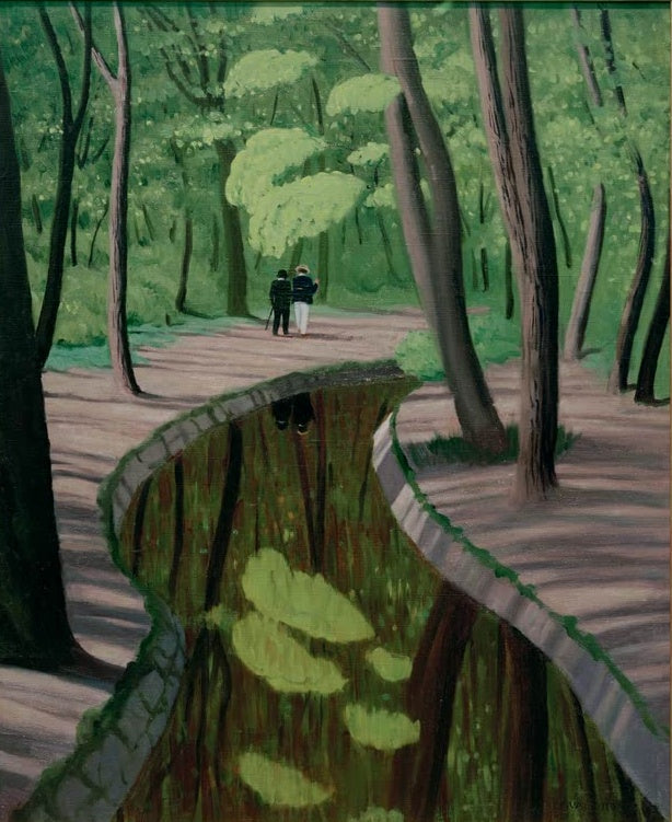 Félix Vallotton Unterholz Bois de Boulogne Kunstkopie, Waldweg mit zwei Spaziergängern und Spiegelung im Wassergraben