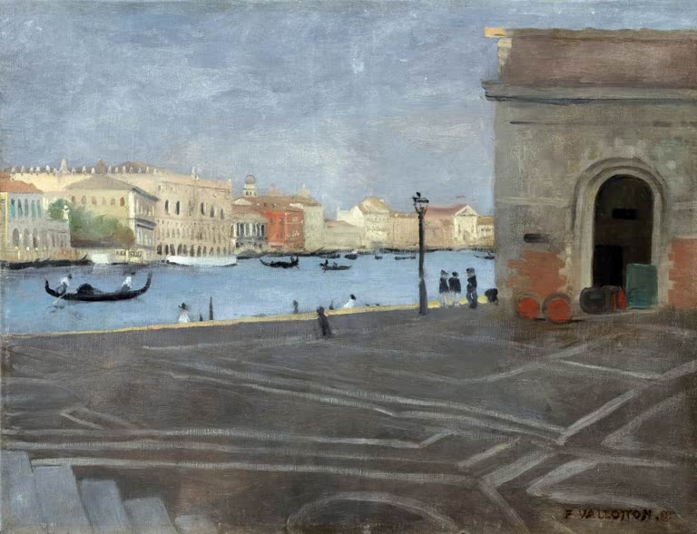 Félix Vallotton Venedig Uferplatz Kunstkopie, Gondel auf dem Wasser, Laterne und Spaziergänger am grauen Kai