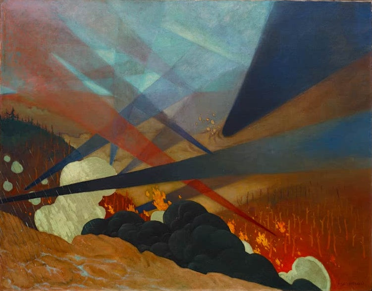 Félix Vallotton Verdun, Kriegsbild mit Scheinwerferstrahlen Kunstkopie, Lichtbahnen über brennendem Schlachtfeld