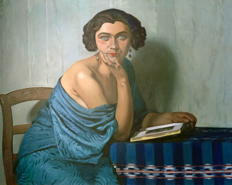 Félix Vallotton Vom Meer zurück Kunstkopie, Frau in blauem Tuch stützt den Kopf auf die Hand neben aufgeschlagenem Buch