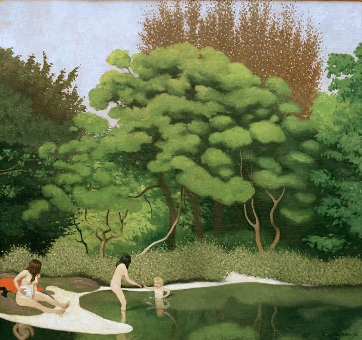 Félix Vallotton Waldsee mit Badenden Kunstkopie, zwei Frauen und ein Kind am grünen Teich unter hellen Laubbäumen