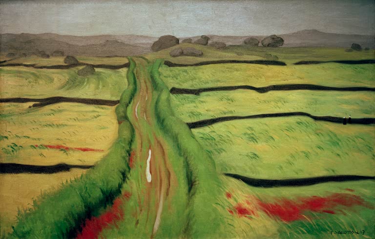 Félix Vallotton Weg in der Heide Kunstkopie, geschwungener Feldweg zwischen grünen Wiesen mit dunklen Trennlinien