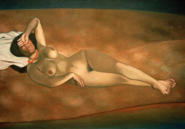 Félix Vallotton Weiblicher Akt am Strand liegend Kunstkopie, liegende Frau mit roter Kette auf orangebraunem Sand