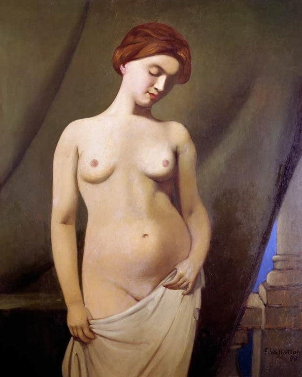 Félix Vallotton Weiblicher Akt grüner Vorhang Kunstkopie, Frau mit rotem Haar und gesenktem Blick vor olivgrünem Vorhang