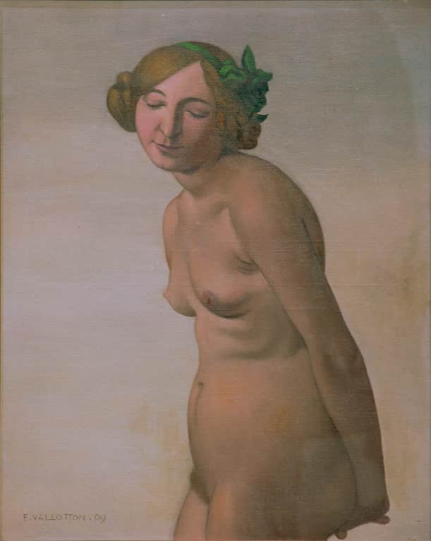 Félix Vallotton Weiblicher Akt mit grüner Haarschleife Kunstkopie, junge Frau mit gesenktem Blick vor hellem Grund
