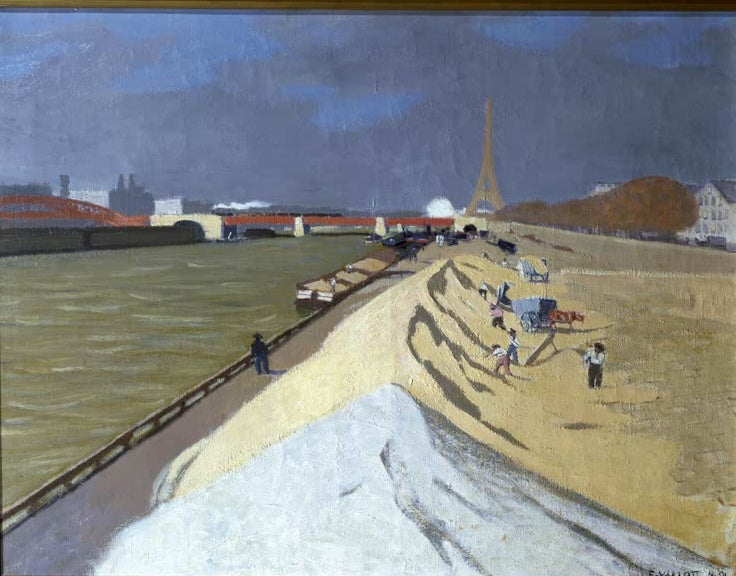 Félix Vallotton Weißer Sandhaufen am Seineufer Kunstkopie, Sandhügel und Arbeiter an der Seine mit Eiffelturm im Hintergrund