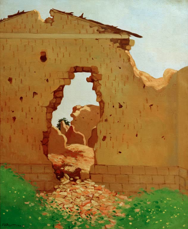 Félix Vallotton Ruinen in Souain Kunstkopie, ockerfarbene Hauswand mit Mauerdurchbruch, Schutt und grüner Wiese