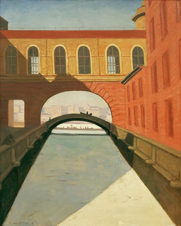 Félix Vallotton Zugefrorener Kanal Eremitage Kunstkopie, Brückenbogen über eisigem Kanal zwischen roten und gelben Fassaden