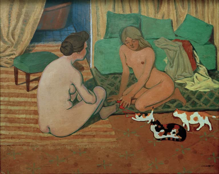 Félix Vallotton Zwei nackte Frauen mit Katzen Kunstkopie, zwei sitzende Akte auf gestreiftem Teppich vor grünem Sofa
