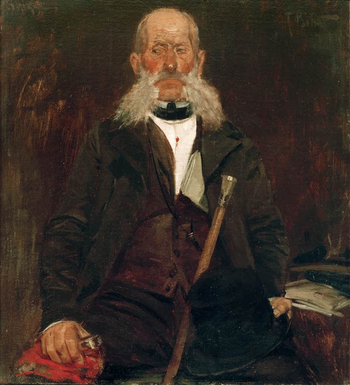 Alter Mann mit weißem Bart und Stock – Ferdinand Brütt Alter Mann mit schwarzem Zylinder in der Hand Kunstkopie