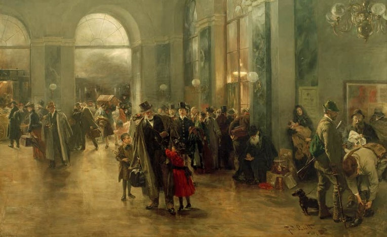 Reisende mit Gepäck in einer hohen Bahnhofshalle, ein Mädchen in Rot im Vordergrund – Ferdinand Brütt Am Bahnhofe Kunstkopie