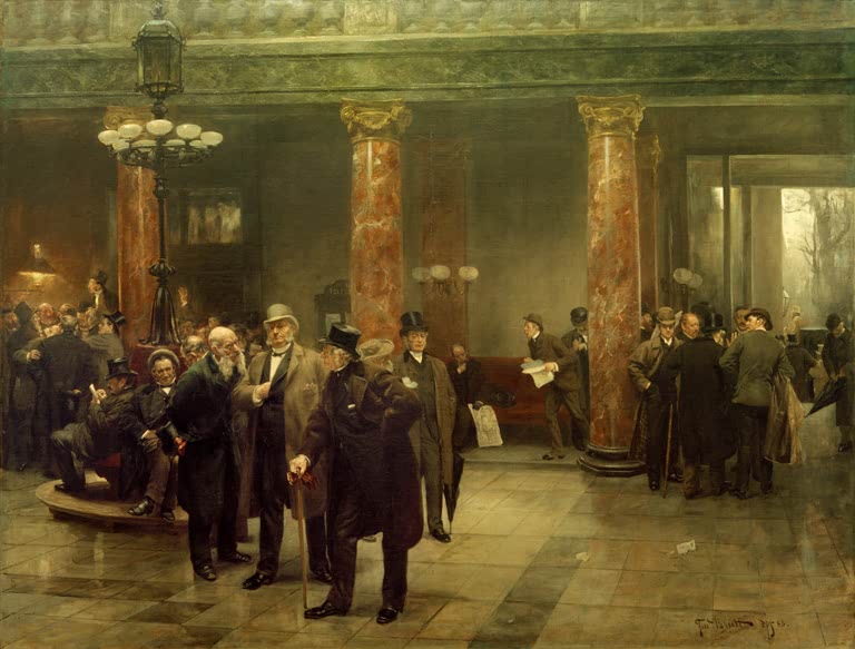 Gruppe von Herren im Gespräch in der Börsenhalle mit roten Marmorsäulen – Ferdinand Brütt An der Börse Kunstkopie