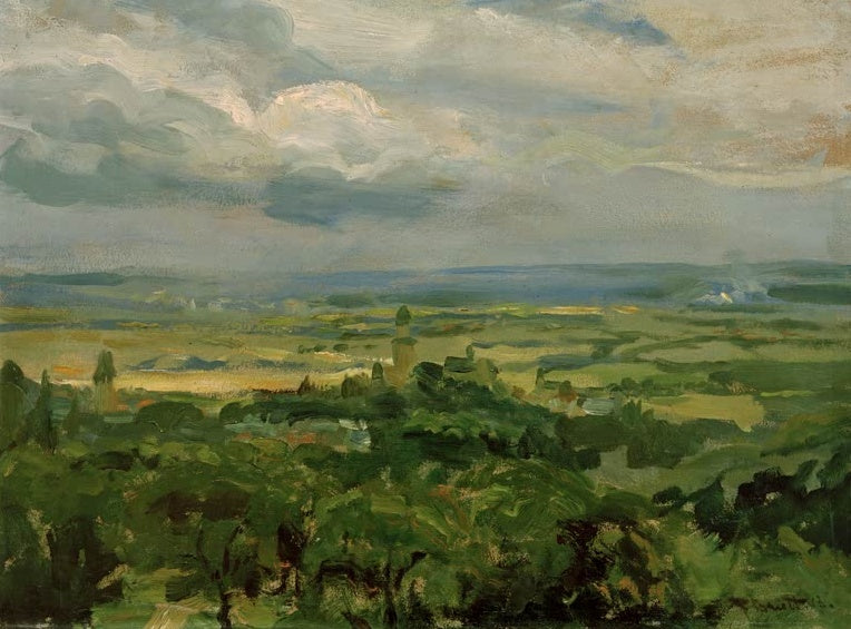 Weite grüne Landschaft mit Feldern und Bäumen unter bewölktem Himmel – Ferdinand Brütt Ansicht von Kronberg Kunstkopie