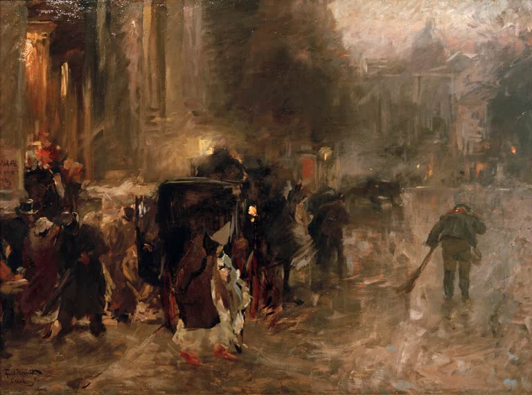 Regennasse Straße mit Kutsche und Menschengruppe, rechts ein Straßenkehrer – Ferdinand Brütt Aschermittwoch Kunstkopie