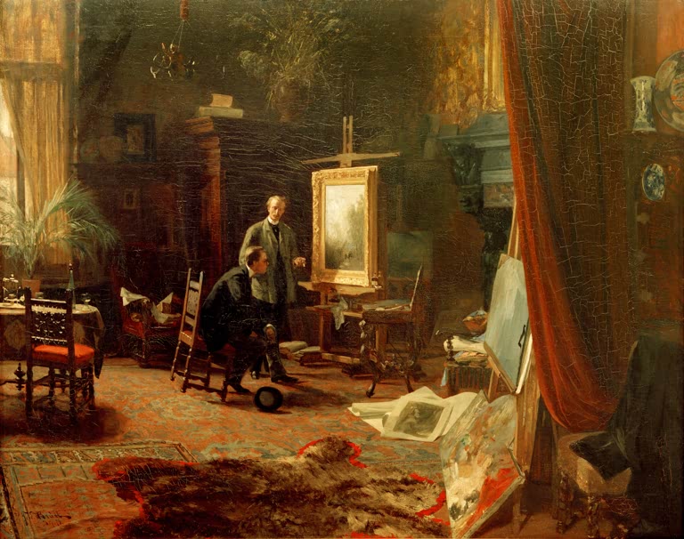 Maler und Besucher vor der Staffelei im dunklen Atelier mit Fell auf dem Boden – Ferdinand Brütt Atelierbesuch Kunstkopie