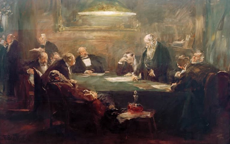 Herren in dunklen Anzügen sitzen um einen grünen Tisch unter einer Lampe – Ferdinand Brütt Aufsichtsratssitzung Kunstkopie