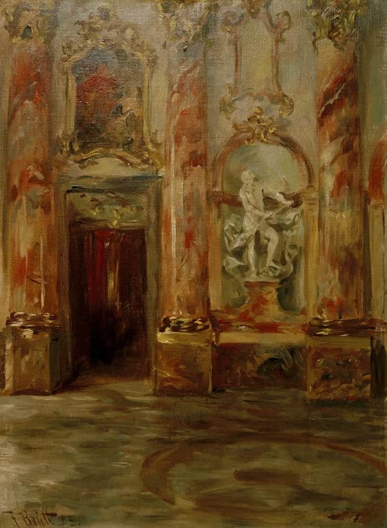 Ferdinand Brütt Kaisersaal Würzburg Kunstkopie, barocke Türnische mit Figur und rötlichem Marmor