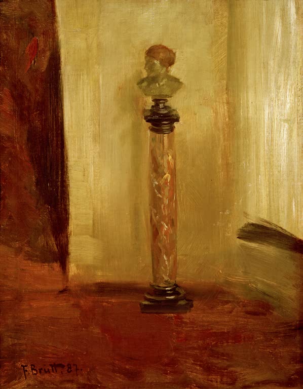 Kleine Büste auf einer Marmorsäule vor warm getöntem Hintergrund – Ferdinand Brütt Büste auf Marmorpostament Kunstkopie