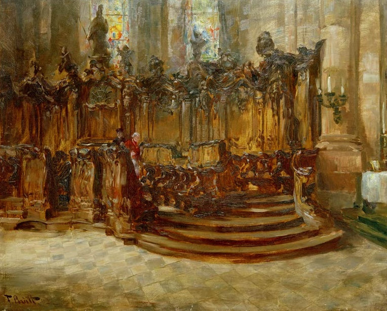Ferdinand Brütt Chorgestühl Dom Mainz Kunstkopie, goldbraunes Schnitzwerk im gotischen Kirchenchor