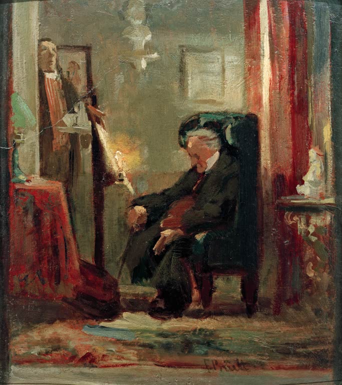 Schlafender älterer Mann im Sessel mit Geige im Schoß – Ferdinand Brütt Der eingeschlafene Geiger Kunstkopie