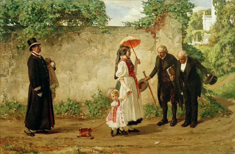 Familie mit Kind, Pfarrer und Herren begegnen sich vor einer Gartenmauer – Ferdinand Brütt Des Landes Hoffnung Kunstkopie