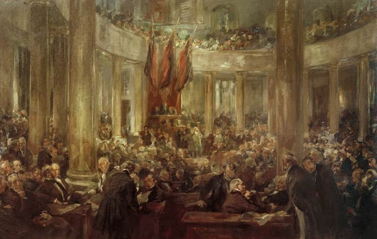 Volle Paulskirche mit Rednerpult, Fahnen und Galerie – Ferdinand Brütt Die Deutsche Nationalversammlung 1848/49 Kunstkopie