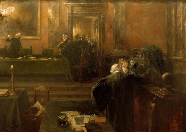 Juristen in Roben beraten sich im Gerichtssaal – Ferdinand Brütt Die Stunde der Entscheidung im Gerichtssaal Kunstkopie