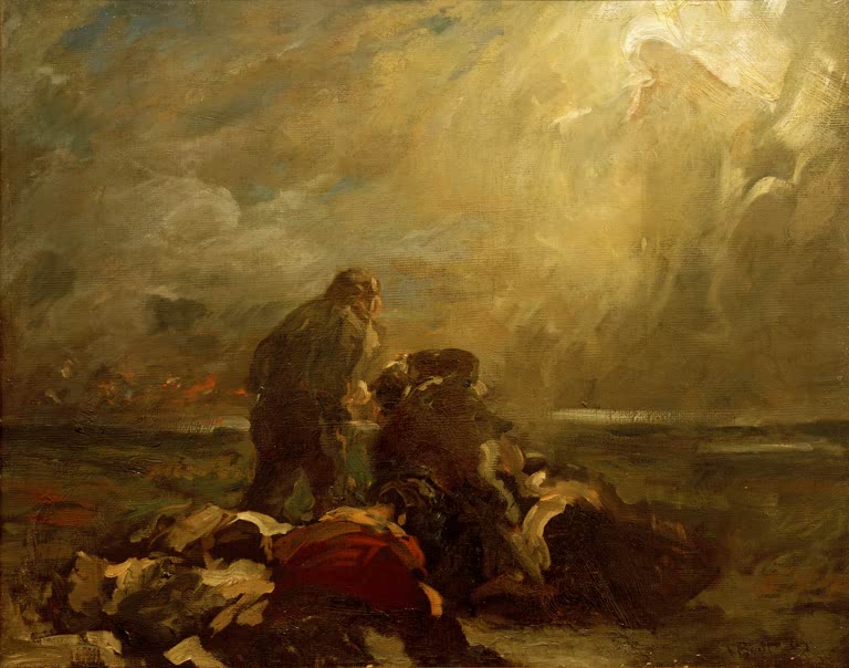 Gebeugte Gestalten in düsterer Landschaft unter einem leuchtenden Himmel – Ferdinand Brütt Durch Nacht und Licht Kunstkopie