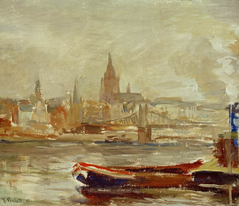 Dunstiger Blick über den Main auf Dom und Brücke, davor ein rotes Lastschiff – Ferdinand Brütt Frankfurt am Main Kunstkopie