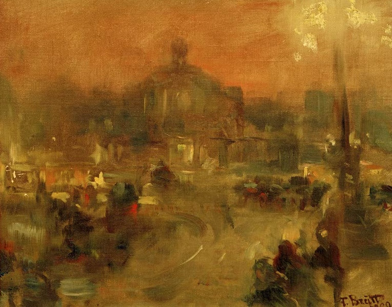 Verschwommener Bahnhofsplatz bei Nacht im orangen Dunst – Ferdinand Brütt Frankfurter Hauptbahnhof bei Nacht Kunstkopie