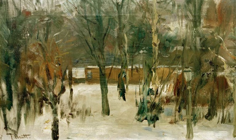 Ferdinand Brütt Garten im Winter Kunstkopie, kahle Bäume vor schneebedeckter Gartenfläche