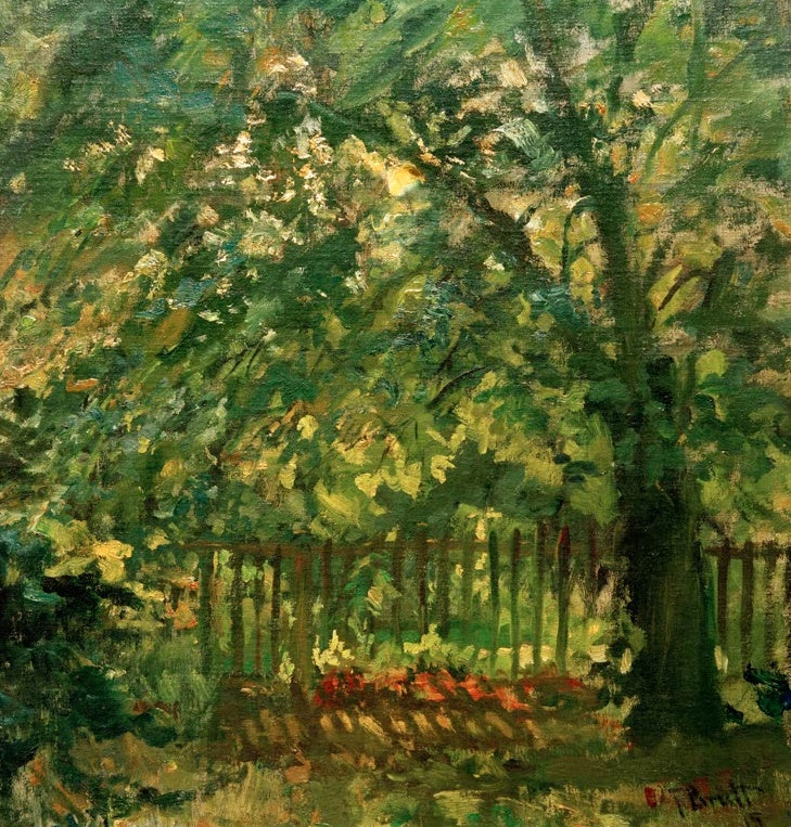 Ferdinand Brütt Gartenstudie Kunstkopie, sonnendurchflutetes grünes Laub über einem Holzzaun