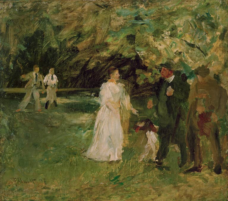 Dame in hellem Kleid und zwei Herren im Gespräch unter Bäumen im Park – Ferdinand Brütt Gespräch im Park Kunstkopie