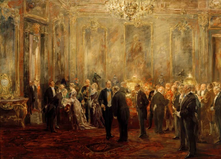 Herren und Damen in einem prunkvollen Spiegelsaal mit Kronleuchter – Ferdinand Brütt Herrenabend Kunstkopie