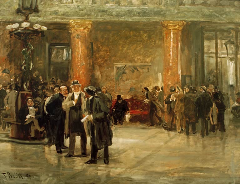 Männer in dunklen Mänteln und Hüten drängen sich in der säulenreichen Börsenhalle – Ferdinand Brütt Im Börsensaal Kunstkopie