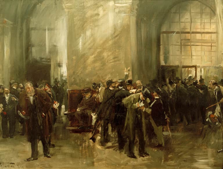 Menschengedränge in der hohen Börsenhalle mit großem Fenster im Hintergrund – Ferdinand Brütt In der Börse Kunstkopie