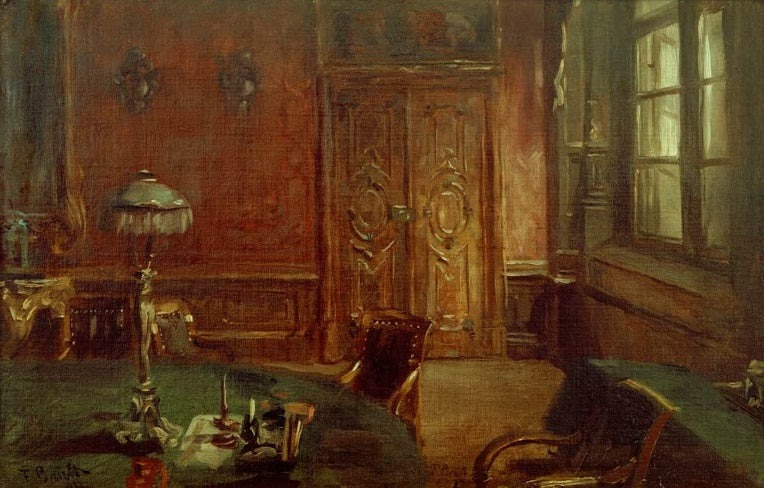 Getäfelter Sitzungssaal mit Rundtisch, Stehlampe und Fenster – Ferdinand Brütt Kurfürstenzimmer Kunstkopie
