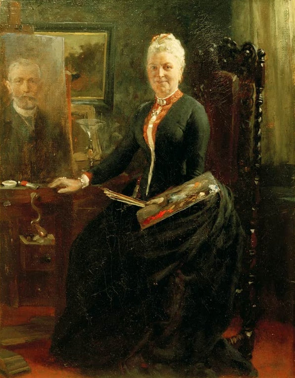 Ferdinand Brütt Malerin an der Staffelei Kunstkopie, Künstlerin mit Palette vor gemaltem Porträt
