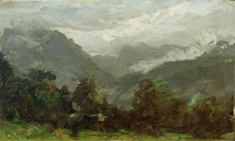 Nebelverhangene Berge hinter dunklen Büschen und grüner Wiese – Ferdinand Brütt Obersalzberggebiet Kunstkopie