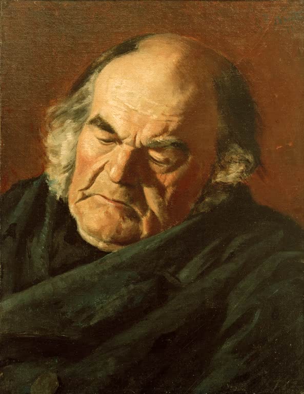 Alter Mann mit kahlem Kopf und grauem Haar, den Blick gesenkt – Ferdinand Brütt Porträt eines alten Mannes Kunstkopie