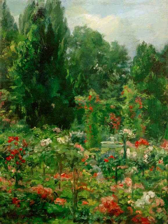 Üppiger Rosengarten mit roten Blüten, dunklen Zypressen und Brunnen – Ferdinand Brütt Rosengarten in Friedrichshof Kunstkopie