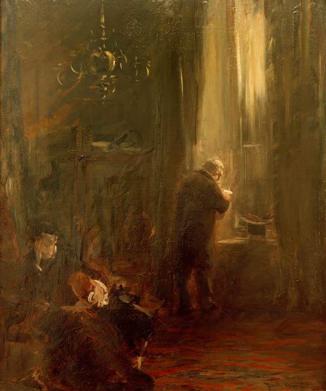 Dämmriger Salon mit Kronleuchter, am Fenster ein Mann – Ferdinand Brütt Schwere Stunden Kunstkopie