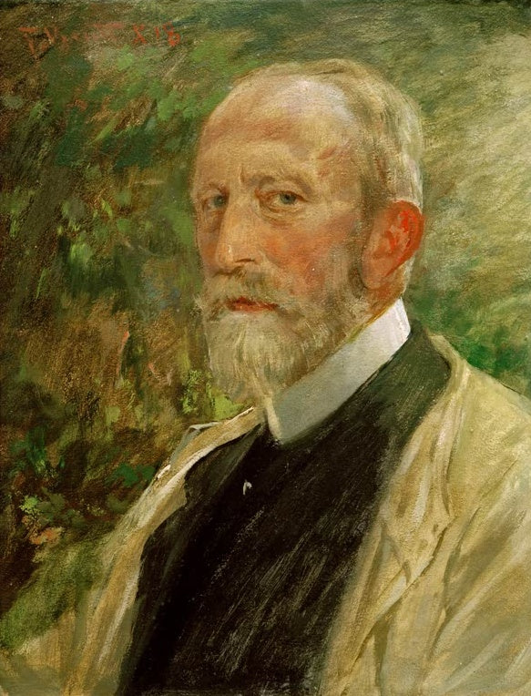 Älterer Mann mit weißem Bart und heller Jacke vor grünem Laub – Ferdinand Brütt Selbstporträt Kunstkopie