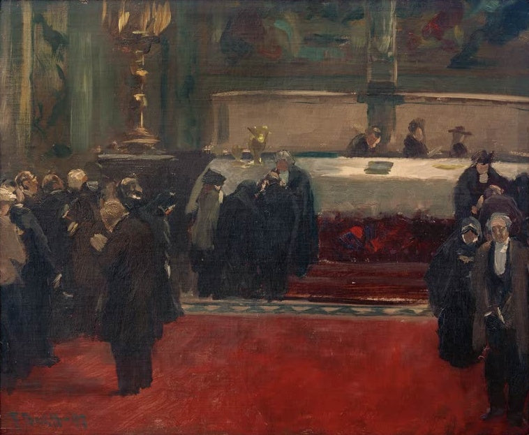 Ferdinand Brütt Skizze Abendmahlsfeier Kunstkopie, Figurengruppe auf rotem Teppich vor gedecktem Tisch