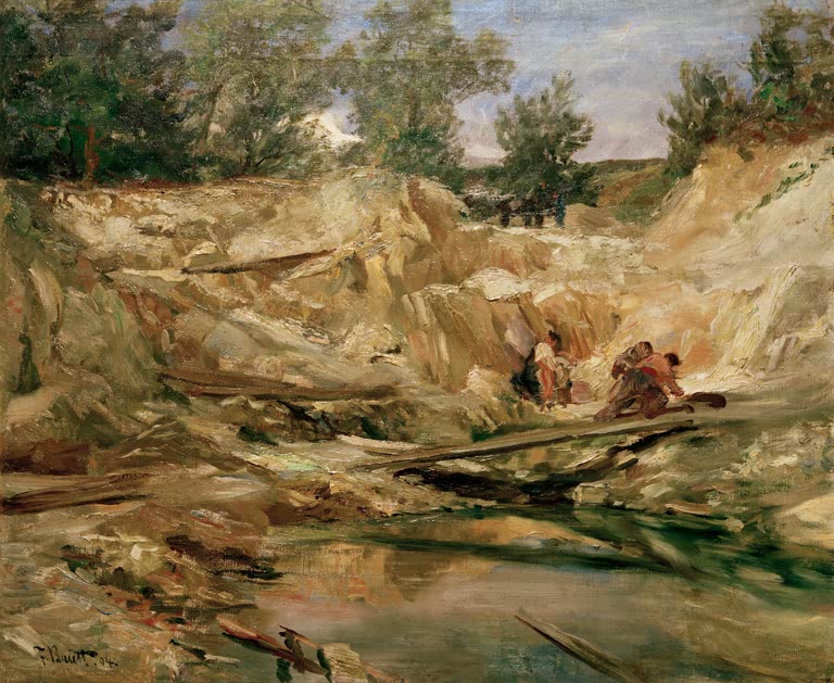 Sandiger Steinbruch mit kleinen Figuren und Wasser – Ferdinand Brütt Steinbruch bei Schloß Friedrichshof Kunstkopie