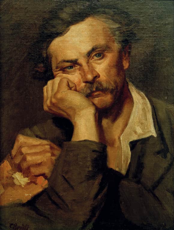 Nachdenklicher Mann mit Schnurrbart stützt den Kopf in die Hand – Ferdinand Brütt Studienkopf Kunstkopie