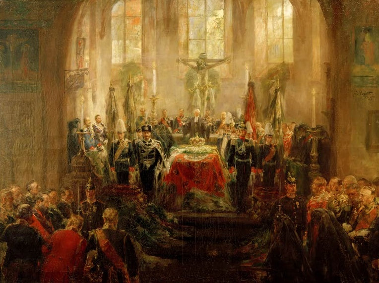 Ferdinand Brütt Trauerfeier Kaiserin Friedrich Kunstkopie, Aufbahrung mit Ehrenwache in der Kronberger Kirche