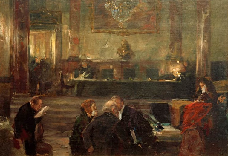 Gerichtssaal mit Richtertisch und Gruppen von Männern, rechts eine Frau in Rot – Ferdinand Brütt Verhandlungspause Kunstkopie